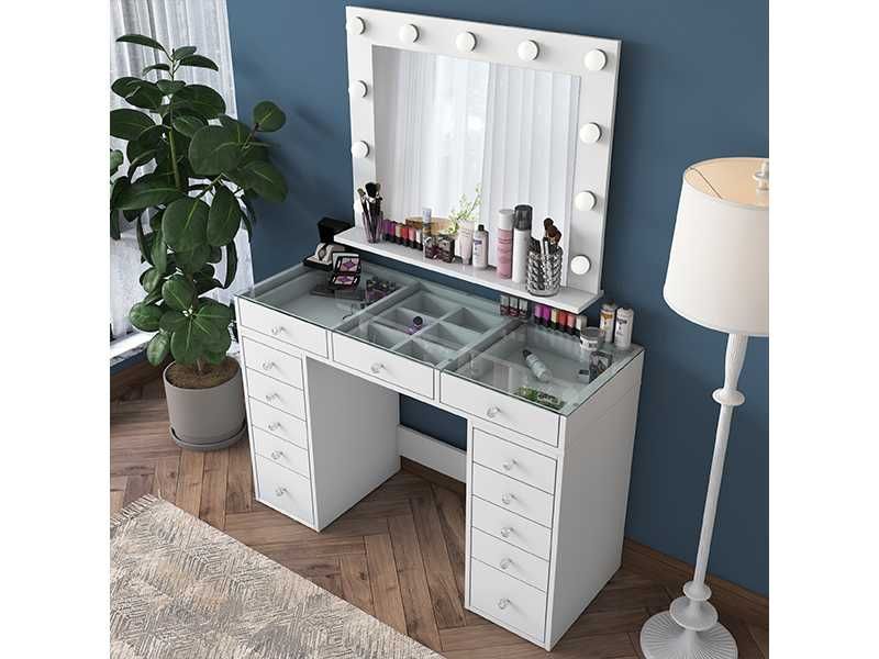 Тоалетка за гримове и бижута с осветление Puzzle-home 2789, ПДЧ, Бял