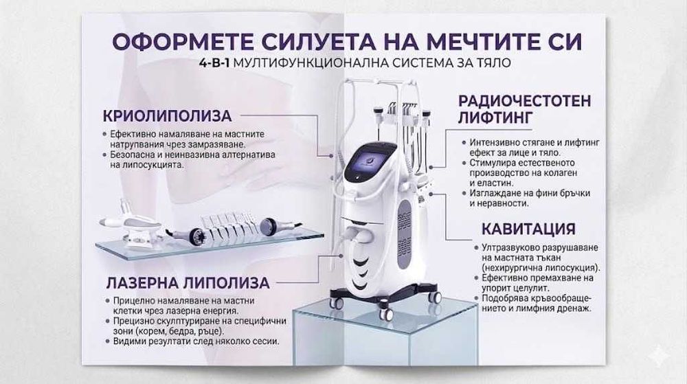 Комбинирана машина за криолиполиза , кавитация ,  радиочестотен лифтинг, липо лазер
