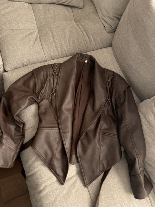 Geaca faux leather, maro, model cu snur marimea S