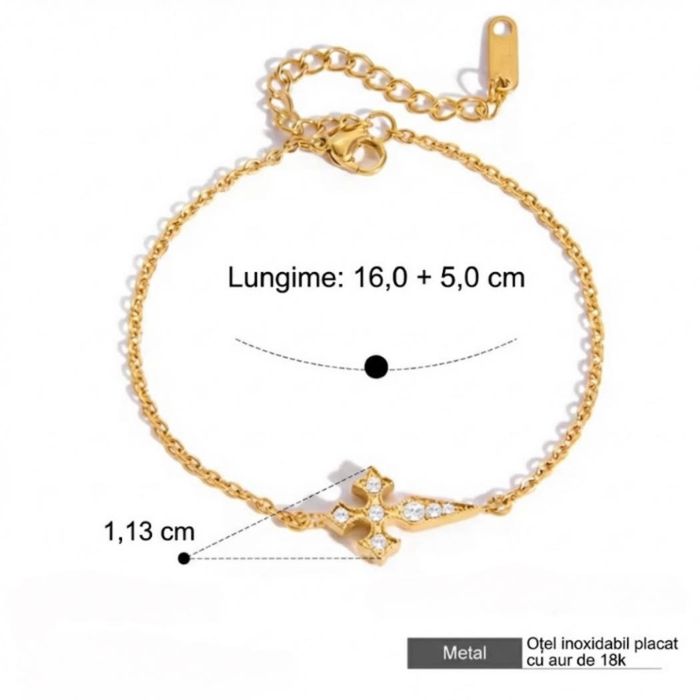 Bratara Premium Placata Aur 18K - Cruce Cristale, Set Cadou Inclus