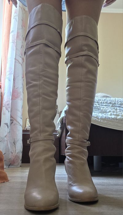 Cizme peste genunchi din piele naturala nude