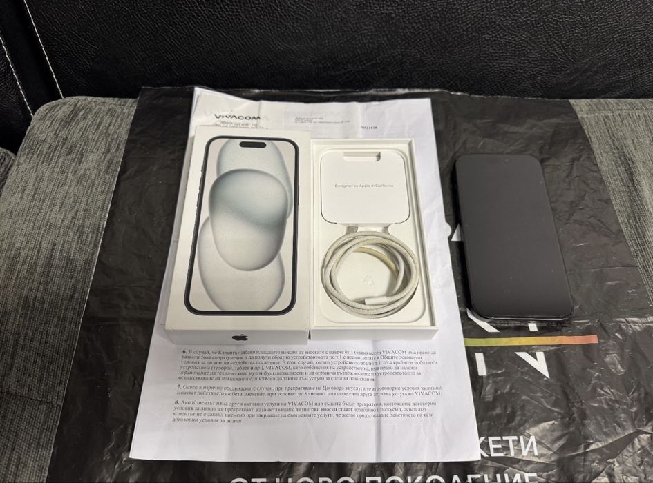 КАТО НОВ 256GB iPhone 15 Vivacom Гаранция 2025 Black