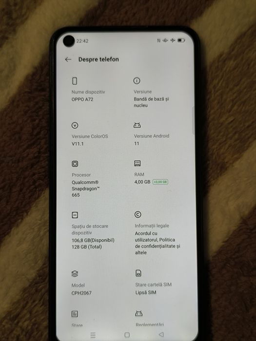 OPPO A72 | 128GB Stocare | 4GB+3GB RAM | Liber de rețea