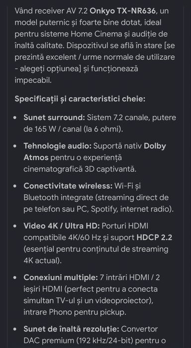 Onkyo TX-NR 636 7.2, 4k hdmi ,Dolby Athmos reciever
