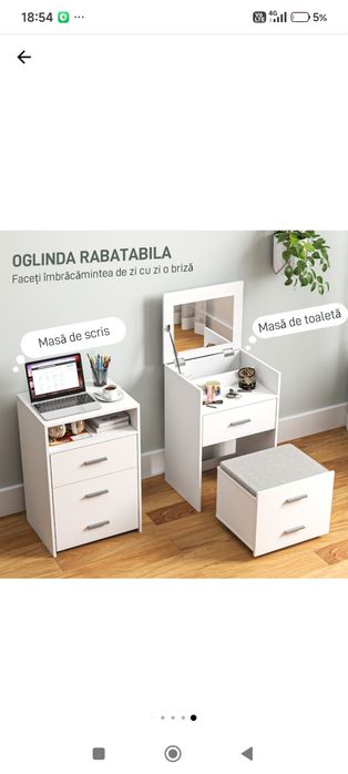 Masuta de machiaj HOMCOM cu oglinda pliabila, scaun cu roti si 2 serta
