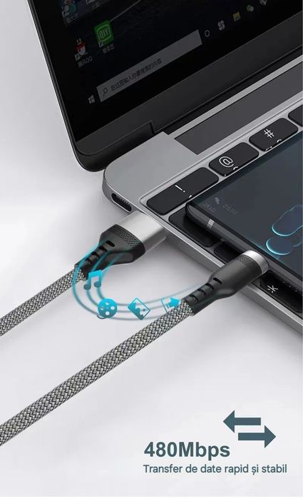 Cablu lung: 5m. Usb-usbC. Încărcare+Date. Imposibil de rupt. ChipSmart
