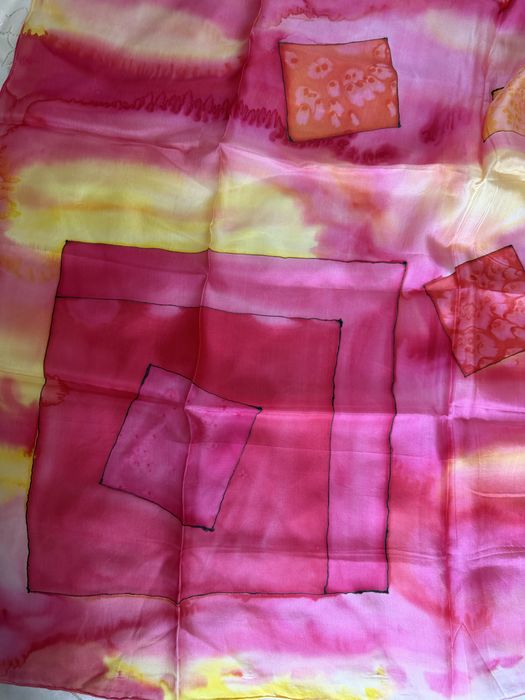 Eșarfă mătase pictată manual, culori superbe roz-fucsia, abstractă, NOUĂ