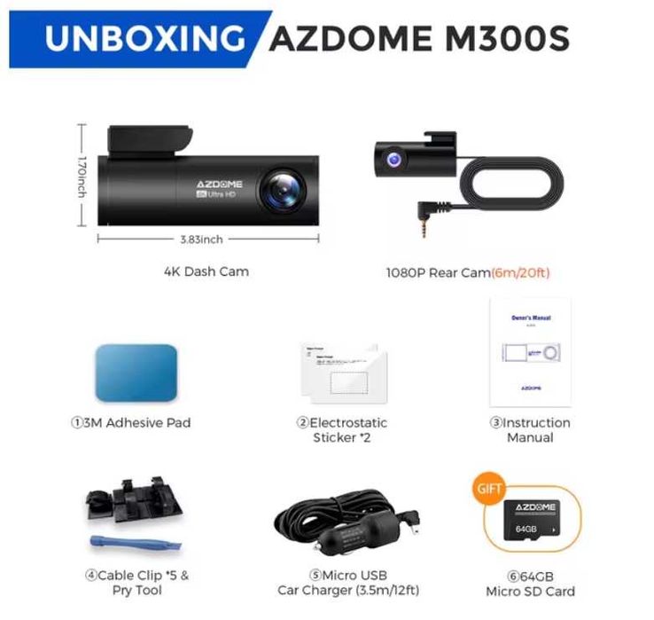 Camera Auto Bord GPS Wifi AZDOME M300S 4K + Camera Marsarier Card 64Gb