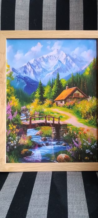 Хармония-пасторална сцена с къщичка, поток и диви цветя, идеална за до