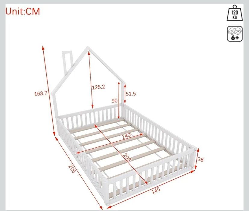 Pat tapițat 140x200 cm pentru copii, formă de coș de fum, lemn de pin