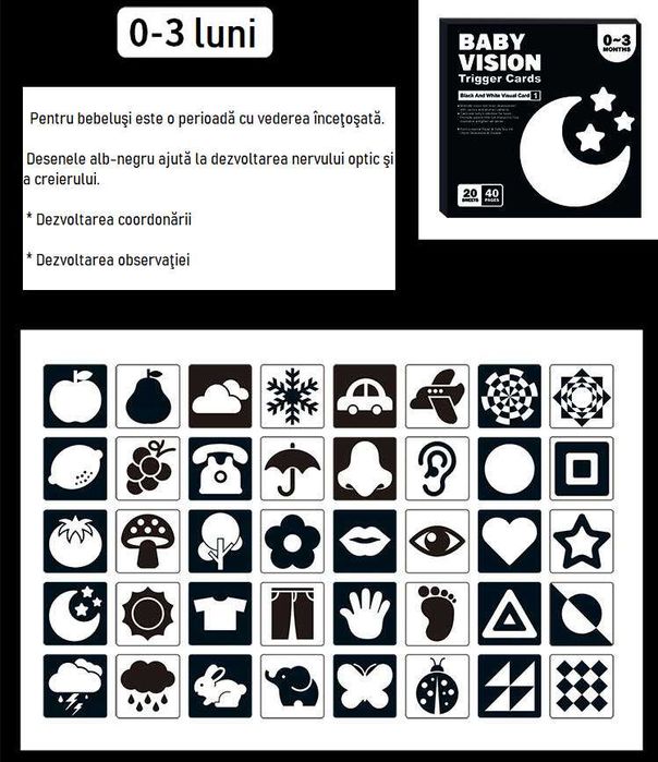 80 carduri pentru stimulare vizuala si cognitiva bebelusi, 0-36 luni