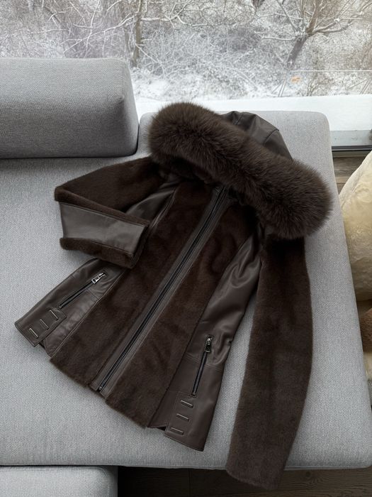Естествена кожа алкантара с естествен косъм лисица кафяво яке палто