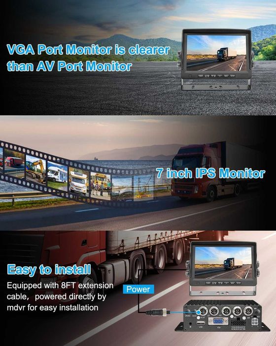 4-канален 1080P H.265 автомобилен мобилен DVR, 7-инчов VGA монитор