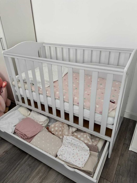 Pat copii cu sertar 120 x 60 cm + saltea + lenjerie completa