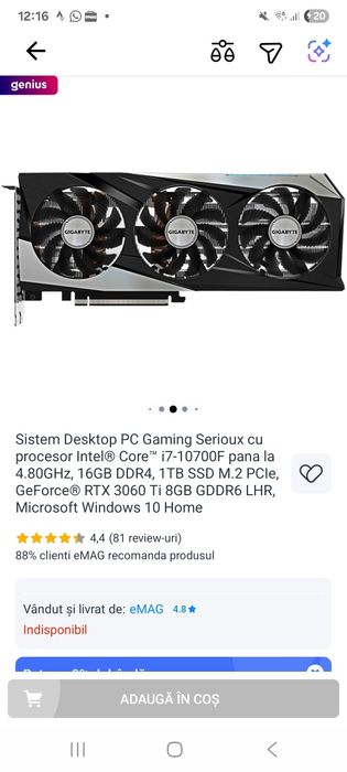 Unitate i7 10700f, 16gb ddr4, 1tb, Roxana 3060 ti