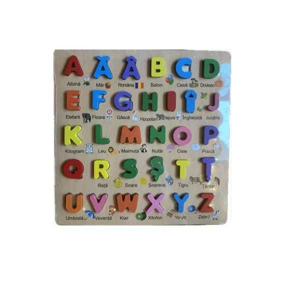 Puzzle din lemn 30 piese cu alfabetul si simboluri, 30X30X0.5 CM