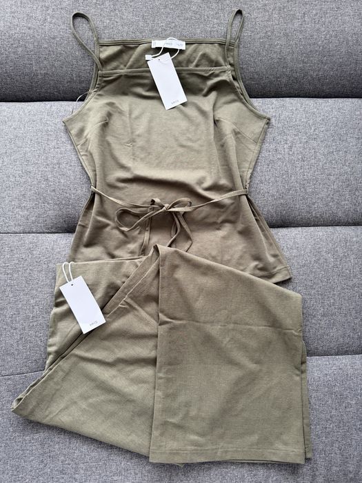 Set din bumbac cu top cu șnur în talie și pantaloni drepți | nou cu etichetă Mango