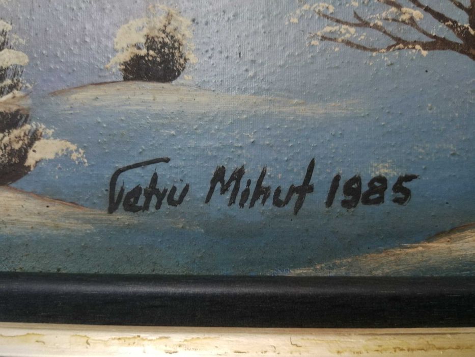 Tablou Arta Naiva Pictura Ulei pe Panza Petru Mihut Iarna 1985