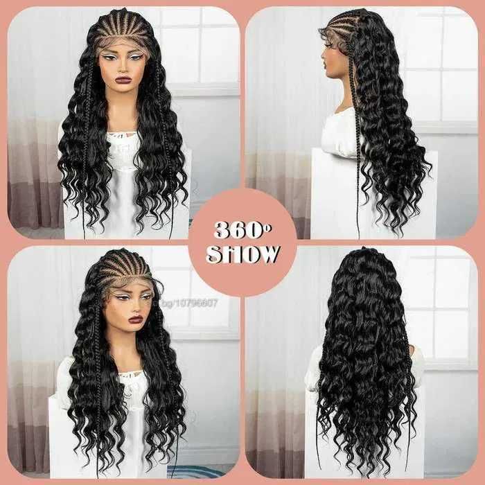 Екзотична черна синтетична перука с пълзящи плитки - Lace Front 13x6