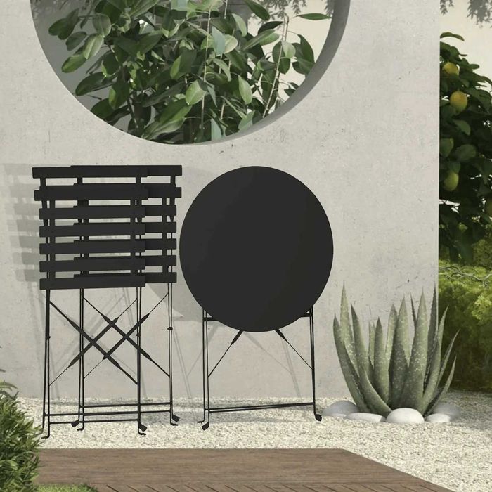 Set masă și 2 scaune pliabile FLAIR, din metal, pentru balcon și terasă – Negru