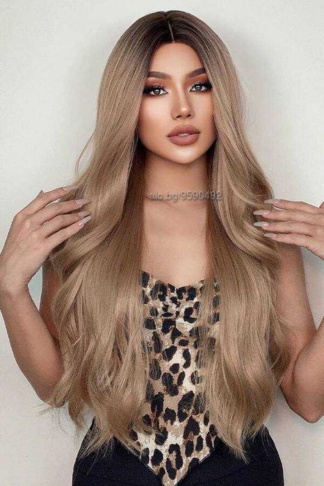 Дълга омбре тъмно руса чуплива перука с тъмни корени