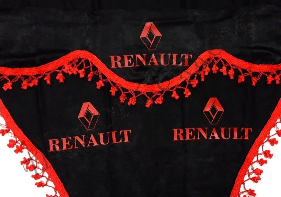 Черни пердета с червени пискюли и лого за камиони