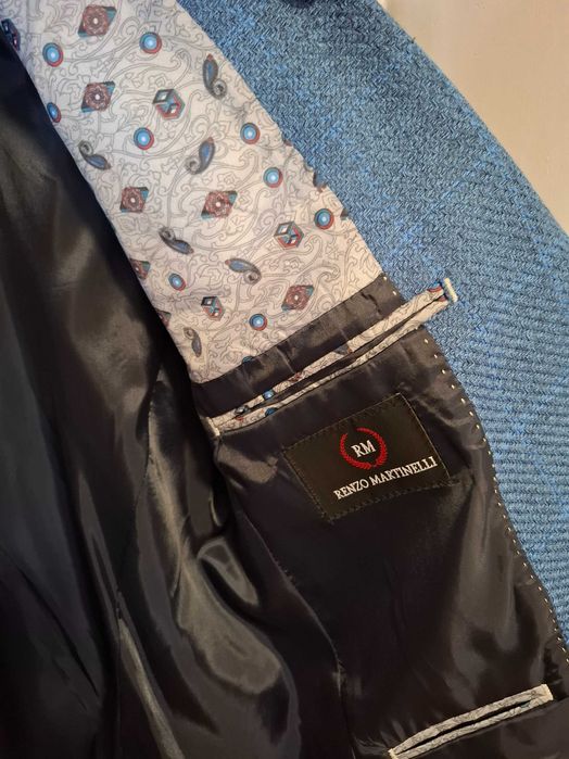 Costum bărbătesc Renzo Martinelli, albastru texturat, cu pantaloni și cravată, mărimea S