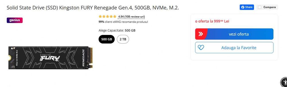 Solid State Drive (SSD) Kingston FURY Renegade, 500GB, NVMe,