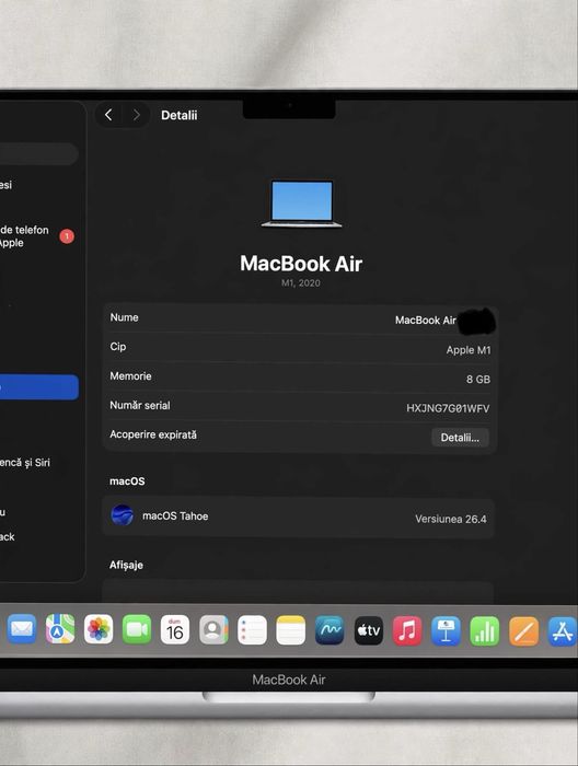 MacBook Air M1 2020 Space Gray 8GB/256GB Baterie 100% Stare Impecabila