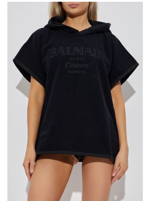 BALMAIN S/M черно плажно пончо cover-up хавлиена туника с качулка лого