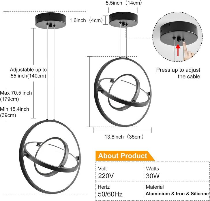 IZOWE LED пръстен - висящо осветително тяло 30W, регулируема височина