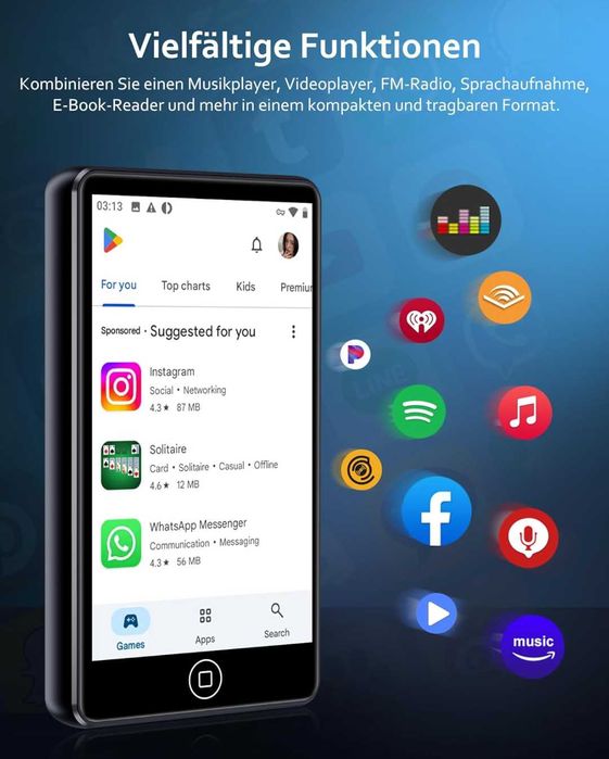 AGXOV 80GB MP3 плейър с WiFi и Bluetooth 4.02-инчов MP4 плейър