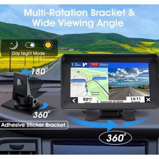 Преносим 7" безжичен CarPlay и Android Auto тъчскрийн с Bluetooth, GPS