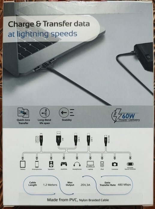 Cablu date PROMATE PentaPower, multi-conector 6 in 1, 1.2m, gri