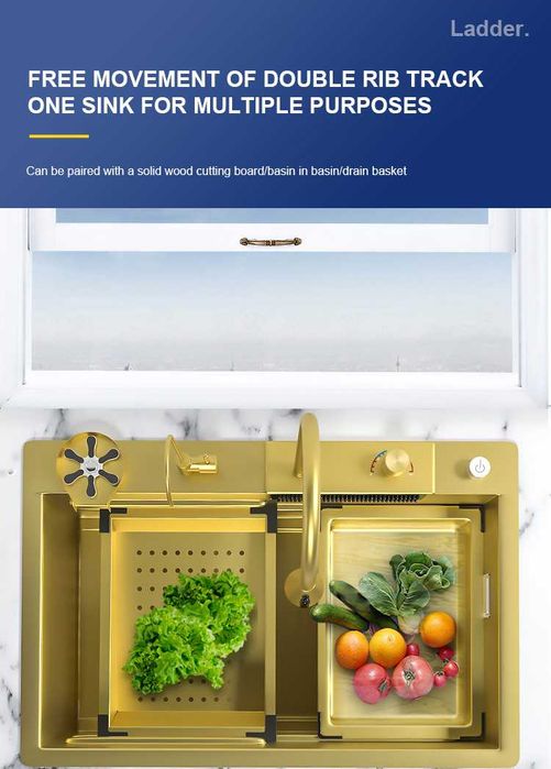 60см Висококачествена мултифункционална кухненска мивка в цвят злато