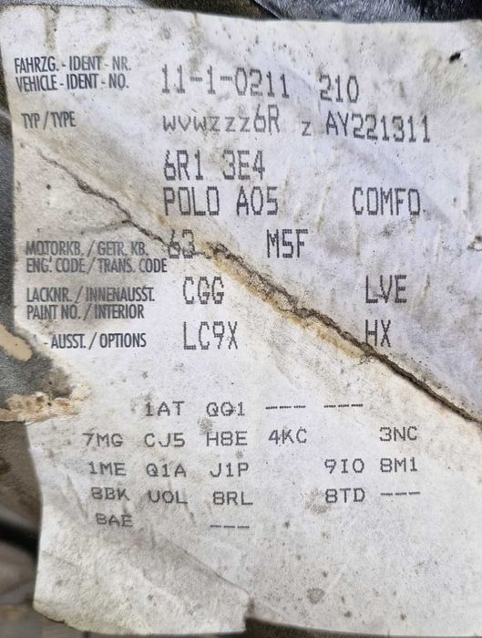 Dezmembrez VW Polo 6R 1.4B CGG 85CP cutie 5+1 trepte LVE 2010 9N 1.2B cod motor BME 5+1 trepte 2007