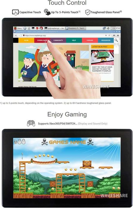 Display Waveshare 7 inch IPS Ecran Tactil Capacitiv 1024x600 Sticla 6H HDMI Audio Monitor Portabil Raspberry Pi Jetson Windows Carcasa Produs Nou