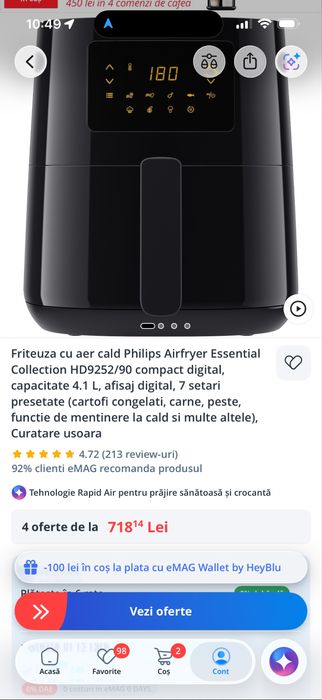 Vând friteuză cu aer cald Philips Essential HD9252/90 – 4,1 L