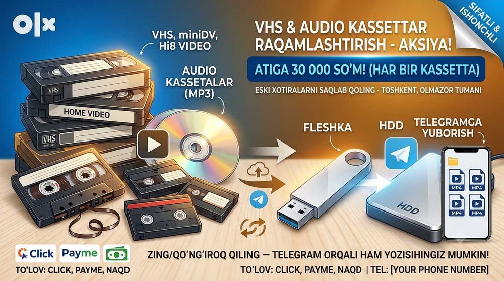 VHS raqamlashtirish | Telegramga yuborish | miniDV Hi8 Video8