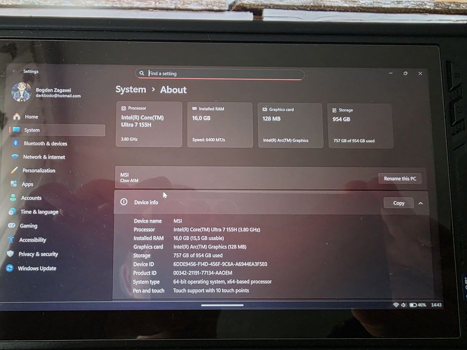 MSI Claw A1M 206FR- Core 7, 16GB DDR5, Nvme 1TB, Intel Arc