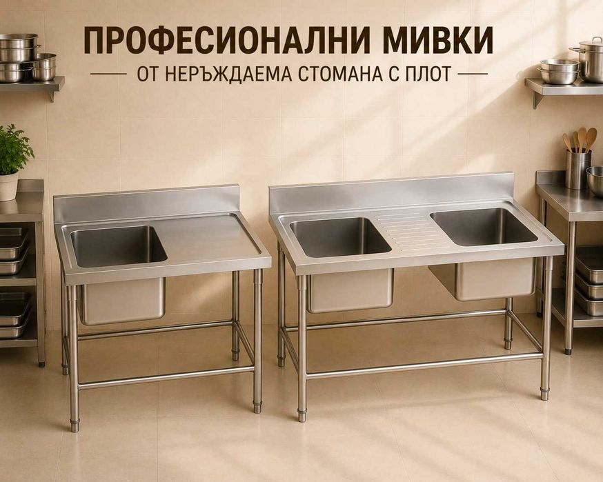 Мивка професионална от неръждаема стомана с плот – различни размери