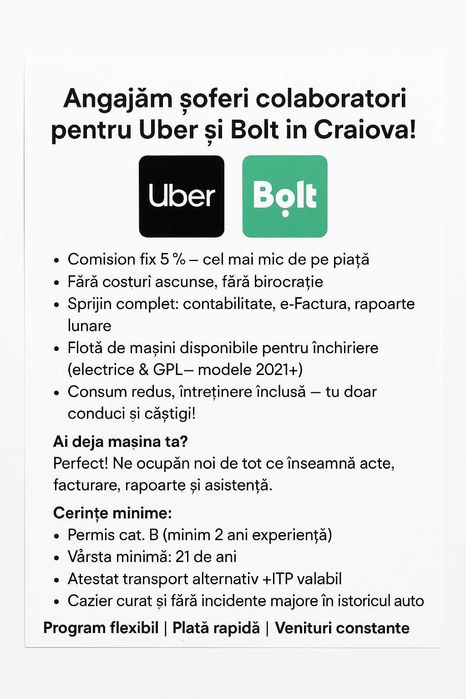 Comision 5% Uber/Bolt Craiova | Mașini electrice & GPL | Fără griji