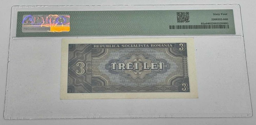 bancnota rara romaneasca - 3 lei 1966 gradata PMG64