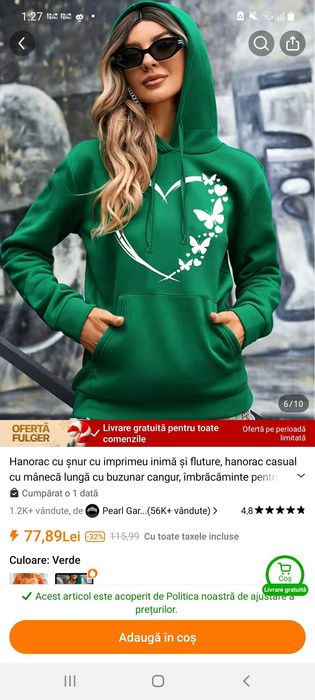 Hanorac dama, verde, nou, marimea s spre m, cu inimioara alba