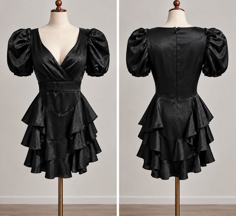 Rochie scurtă neagră, elegantă, cu mâneci bufante și volane - Mărimea S