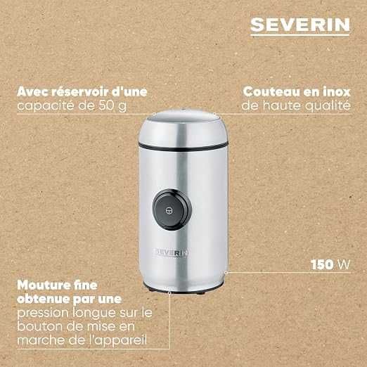 Кафемелачка и мелачка за подправки SEVERIN KM 3879, 150 W, с нож от неръждаема стомана, вместимост 50 г и регулируема степен на смилане