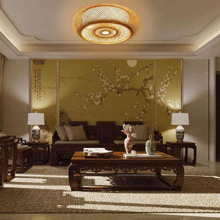 Ф40 Плетена невисяща лампа от тъкан ратан, бамбук, 3×Е27