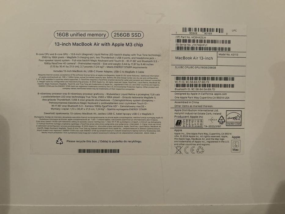 Гаранционен! 100% Батерия!Macbook air m3 16 GB/256ssd