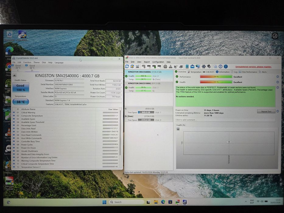 SSD 4Tb PCIe 4.0 Kingston, 100% health, 800hr, 12TBW, NVMe