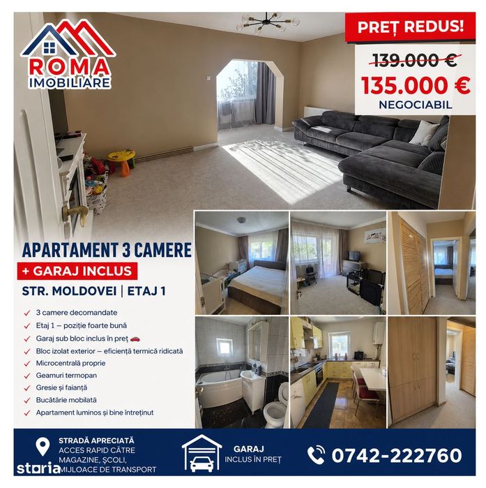 Moldovei apartament 3 camere etajul I cu garaj sub bloc — fotografia 1